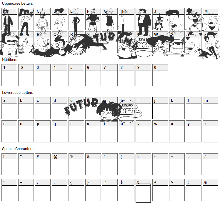 Futurama Dingbats Font Character Map