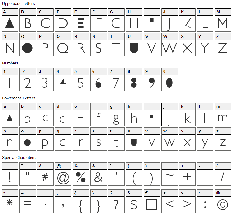 Futurism Light Font Character Map