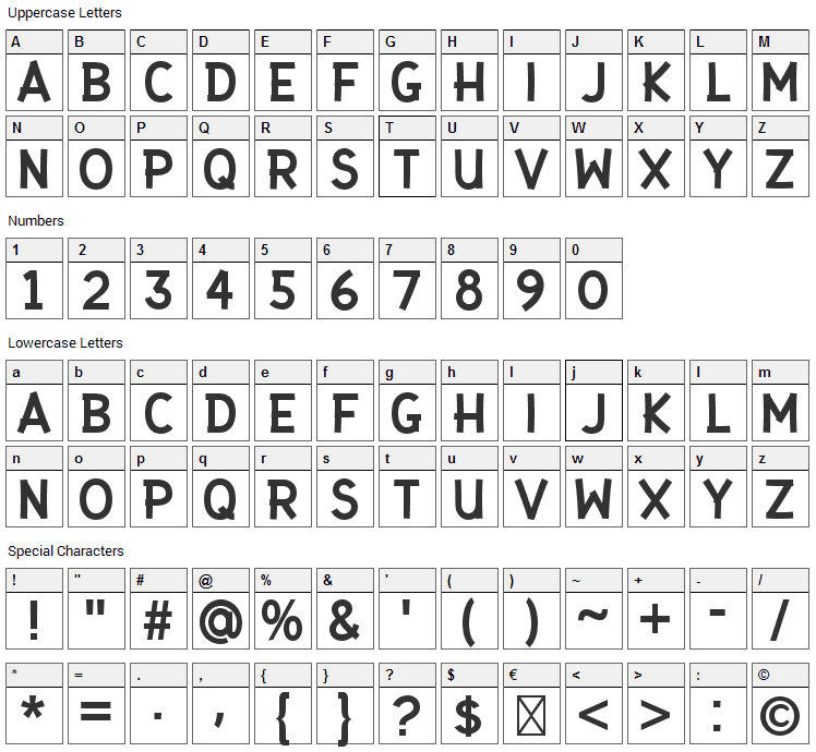 Gaffer Type Font Character Map