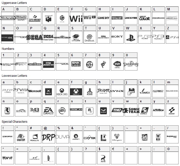 Game Logos Font Character Map