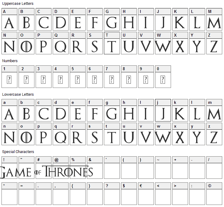 Game of Thrones Font Character Map