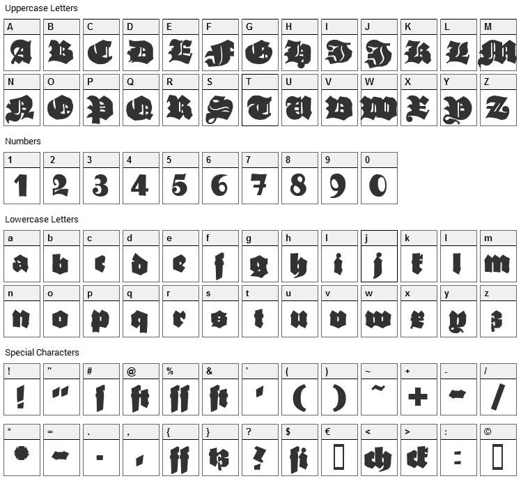 Ganz Grobe Gotisch Font Character Map