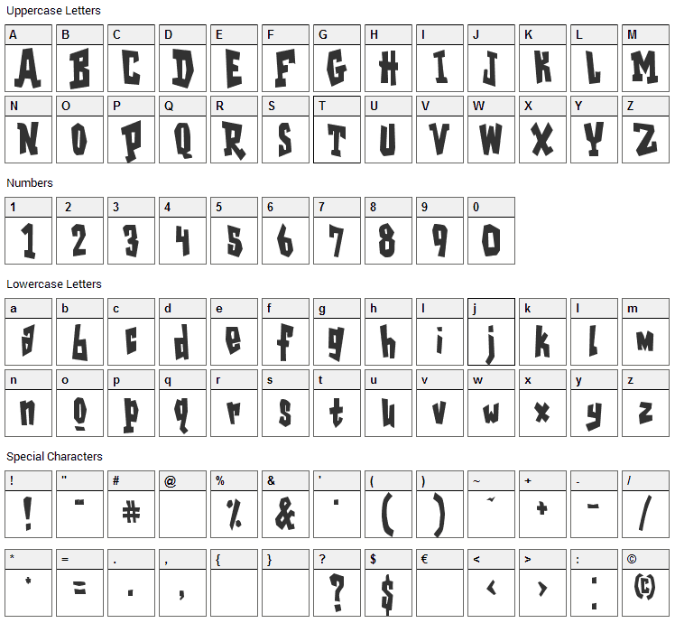 Garage Shock Font Character Map