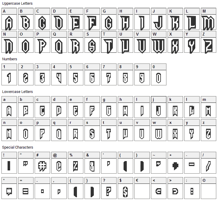 Gargoyles Normal Font Character Map