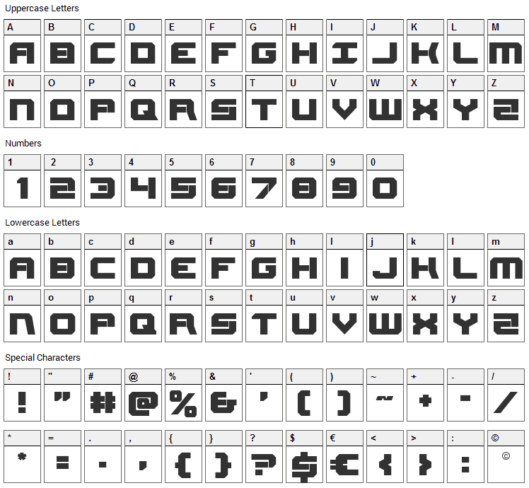 Gearhead Font Character Map