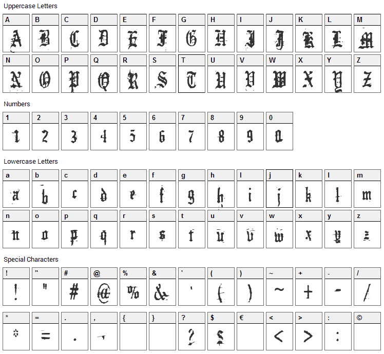 German Underground Font Character Map