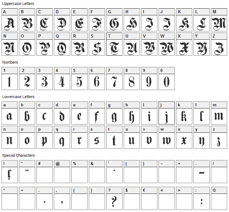 Germanica Family Font Character Map