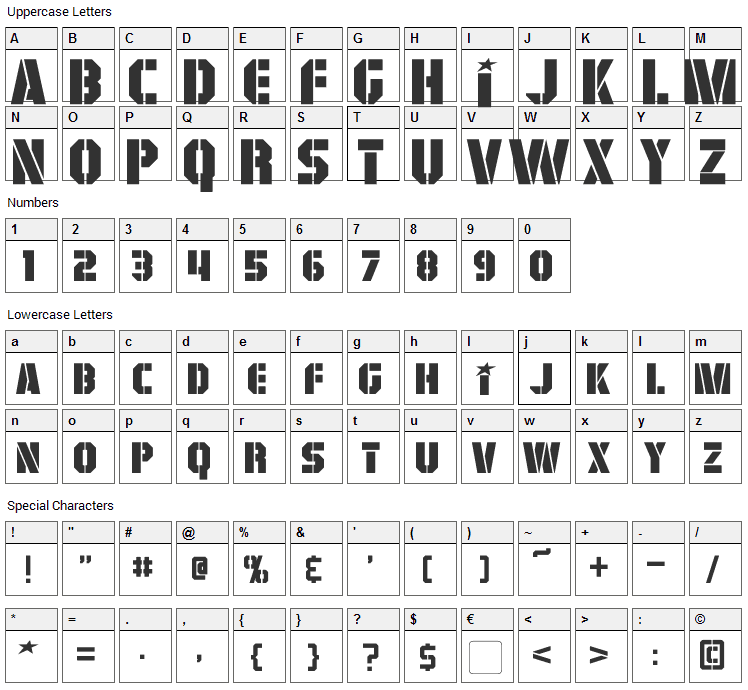 GI Colton Font Character Map
