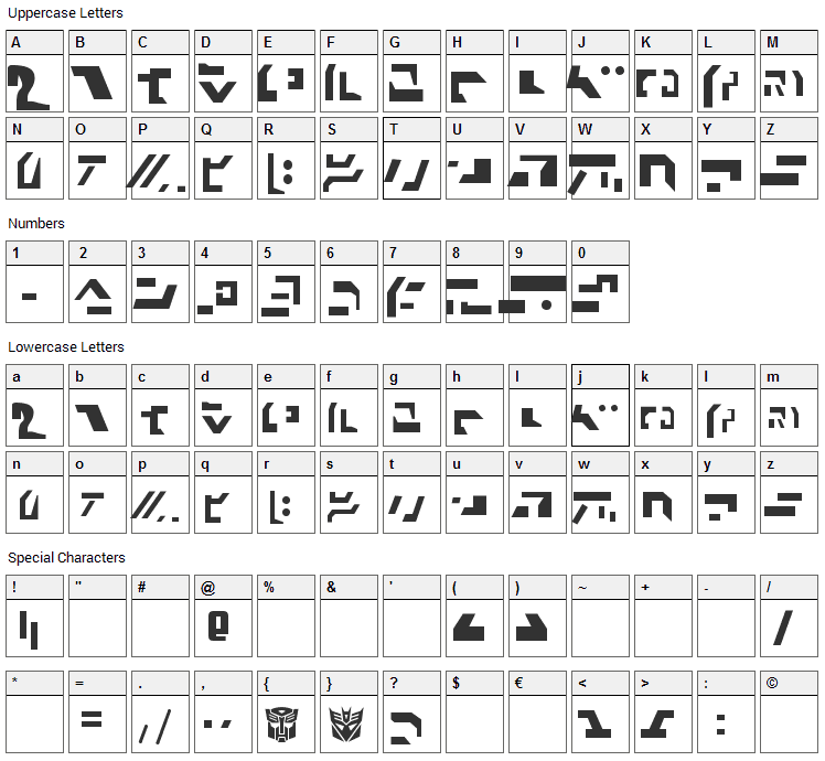 Giedi Ancient Autobot Font Character Map