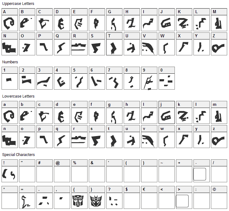 Giedi Decepticon Graffiti Font Character Map
