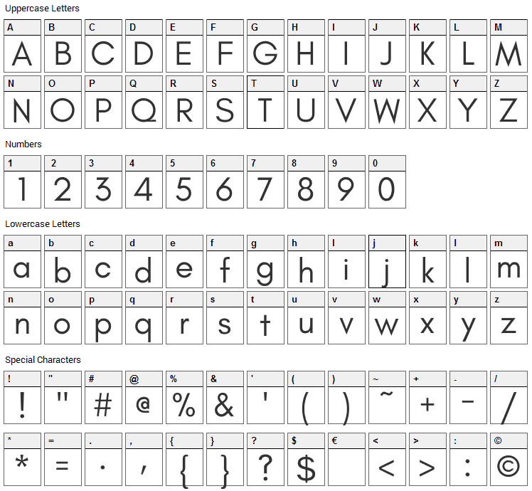 Glacial Indifference Font Character Map