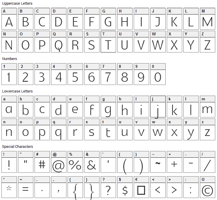 Glametrix Font Character Map