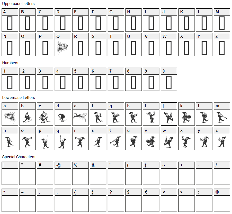 Gnomes Font Character Map