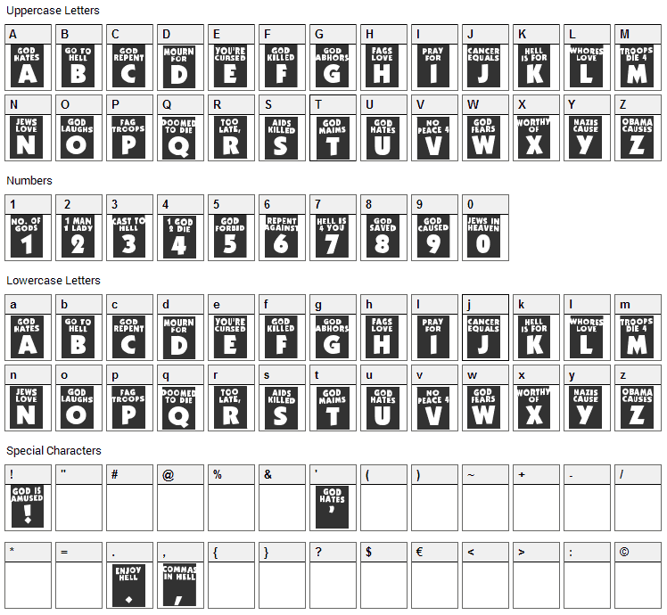 God Hates Westboro Font Character Map