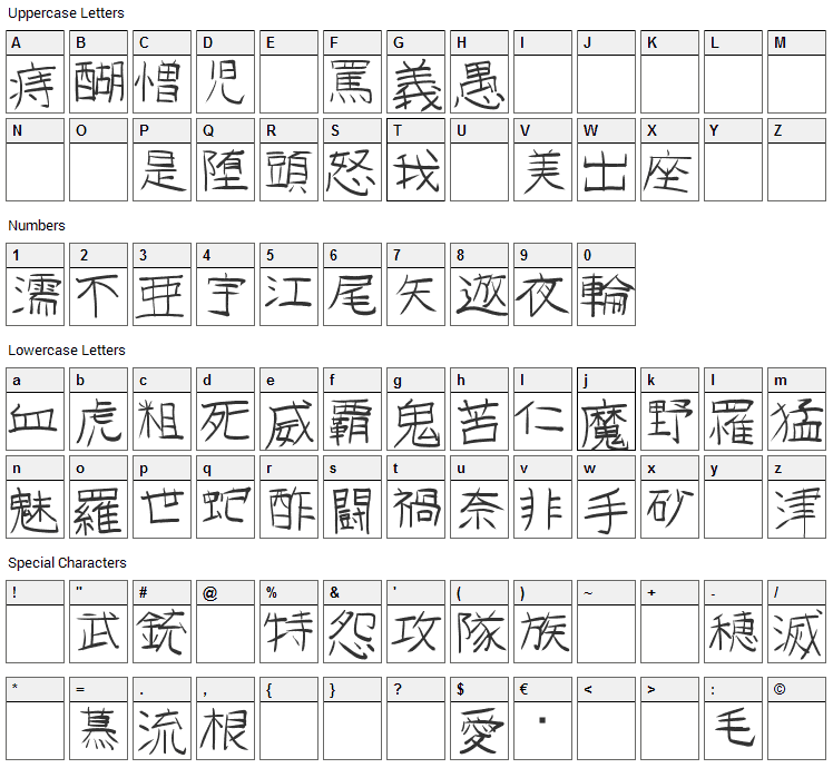 GoJuOn Font Character Map
