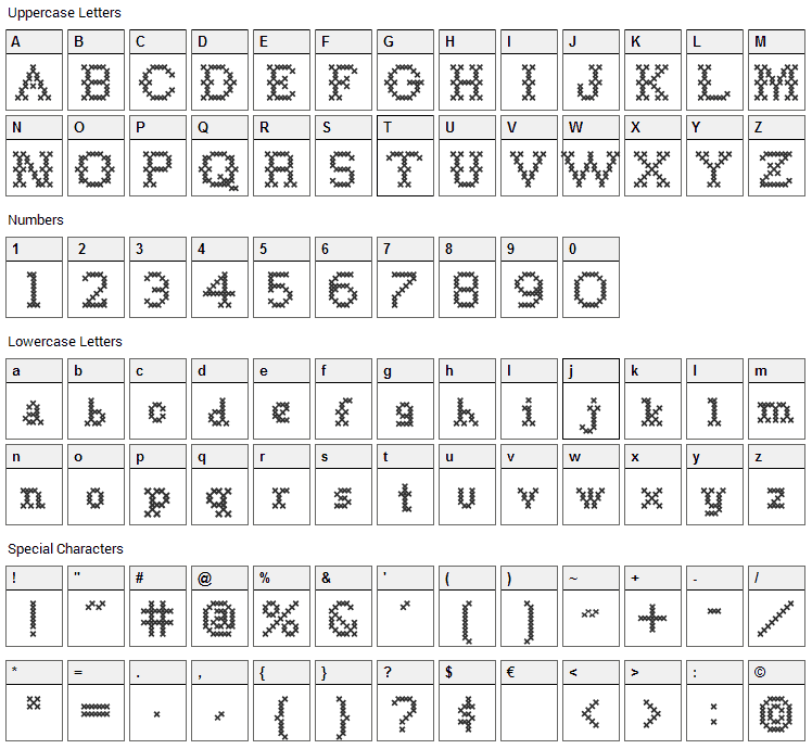 Goodbye Crewel World Font Character Map