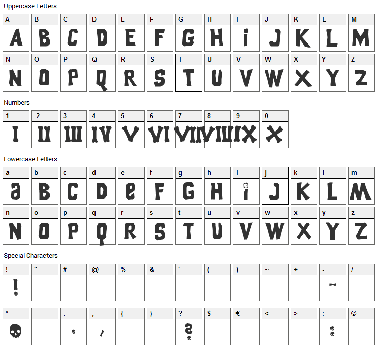 Goonies Font Character Map