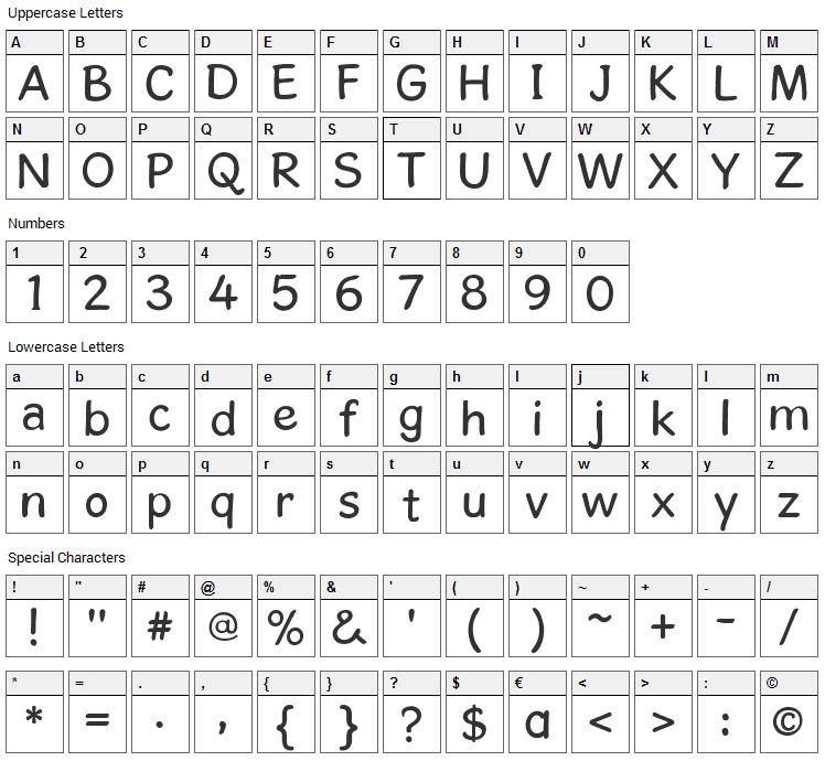 Gosmick Sans Font Character Map