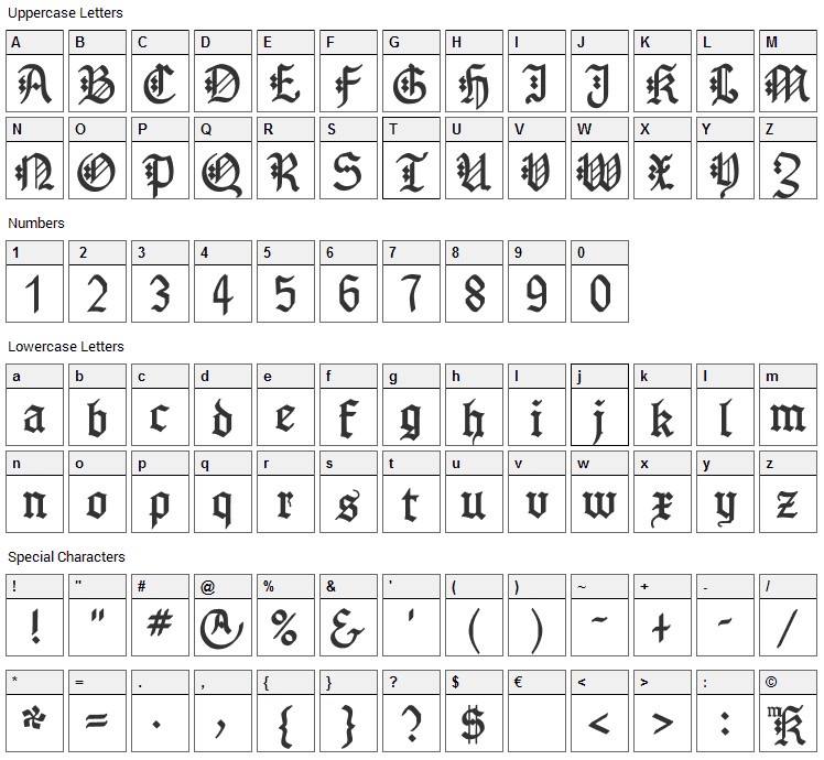 Gotenborg Fraktur Font Character Map