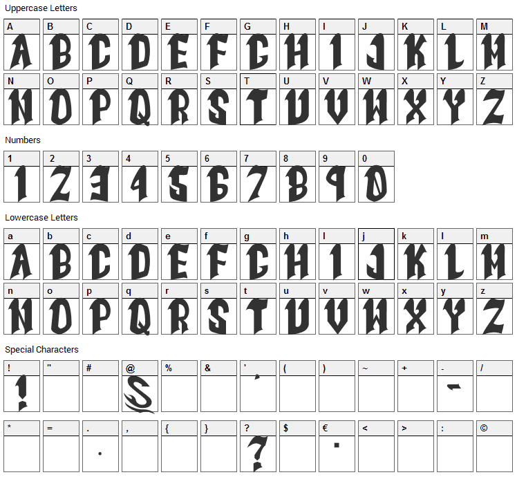 Goth Goma Font Character Map