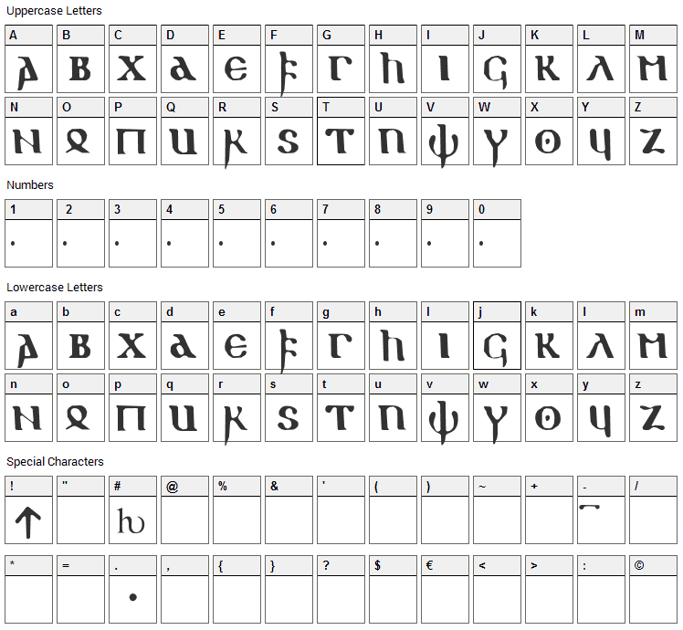 Gothic 1 Font Character Map