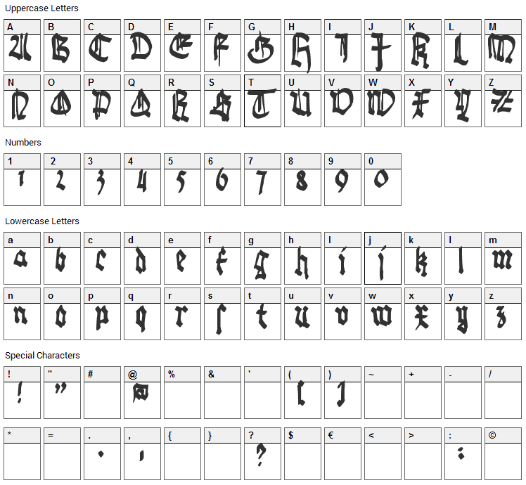 Gothic Bozo Font Character Map