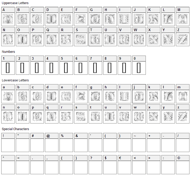 Gothic Illuminate Font Character Map