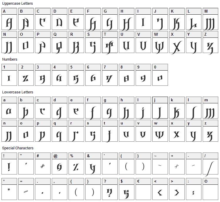 Gothic Love Letters Font Character Map