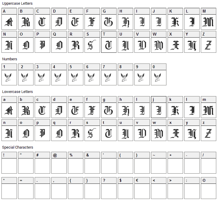 Gothic Straight Faced Font Character Map