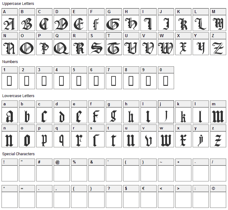 Gothic Texture Quadrata Font Character Map