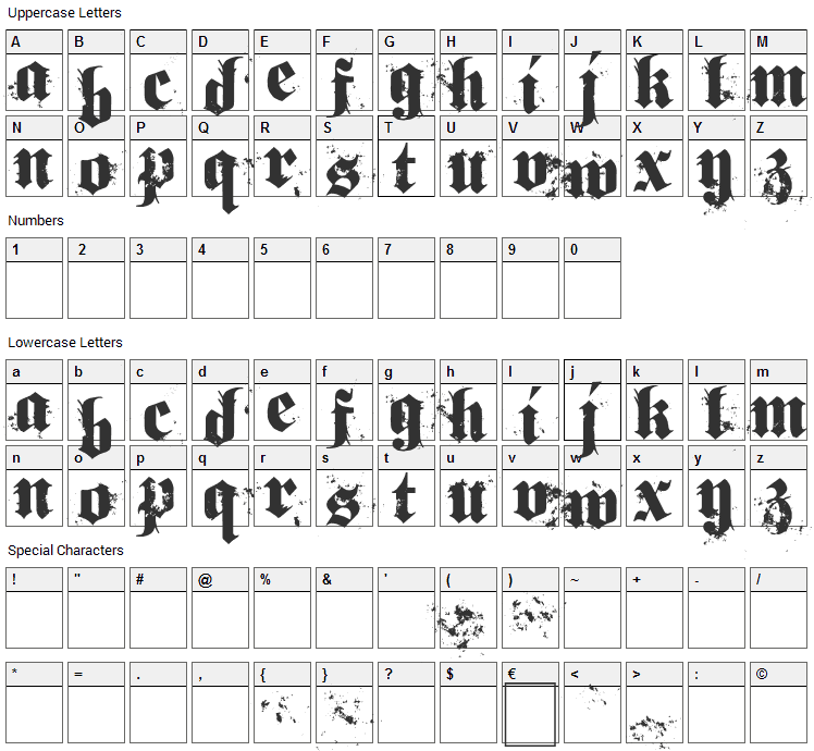 Gothical Font Character Map