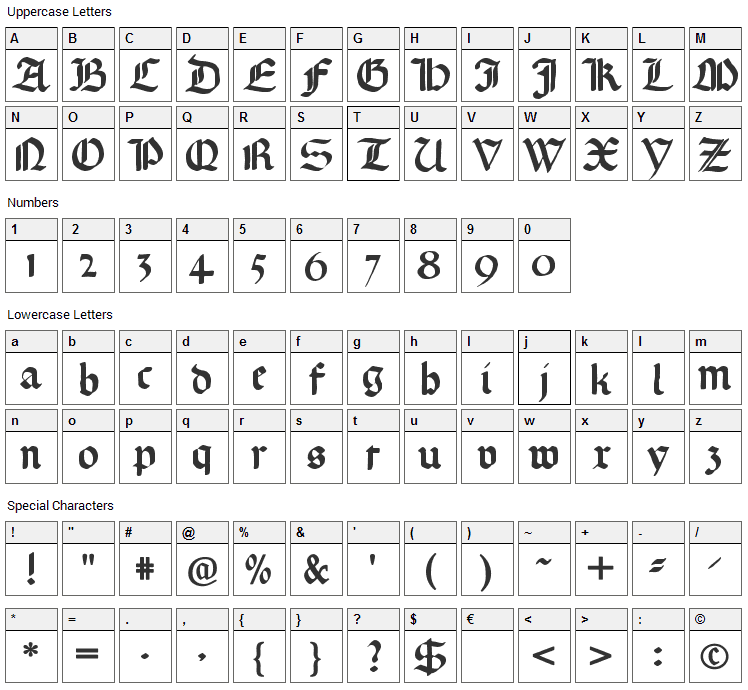 Gotische Missalschrift Font Character Map