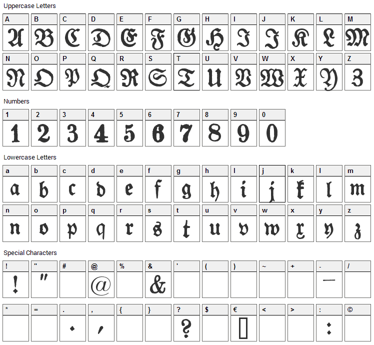 Gotyk Poszarpany Font Character Map