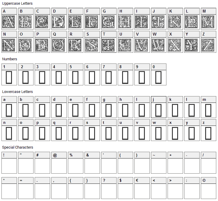 Goudy Initialen Font Character Map