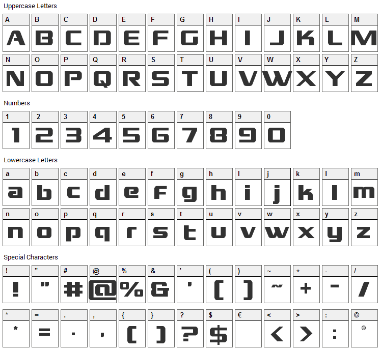 Grand National Font Character Map