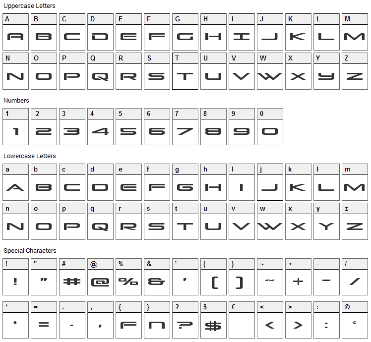 Grand Sport Font Character Map