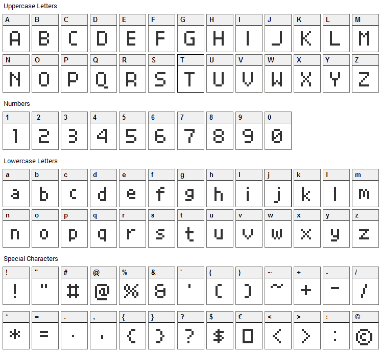 Grand9K Pixel Font Character Map