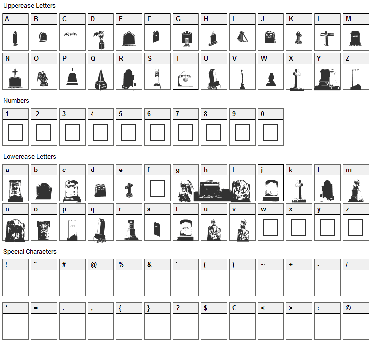 Gravestone Bats Font Character Map