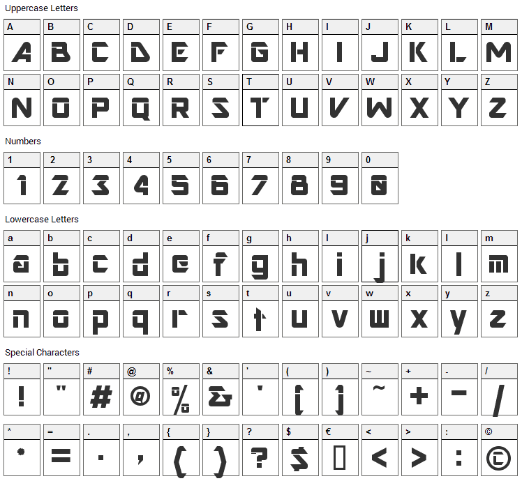 Gravicon Display Font Character Map