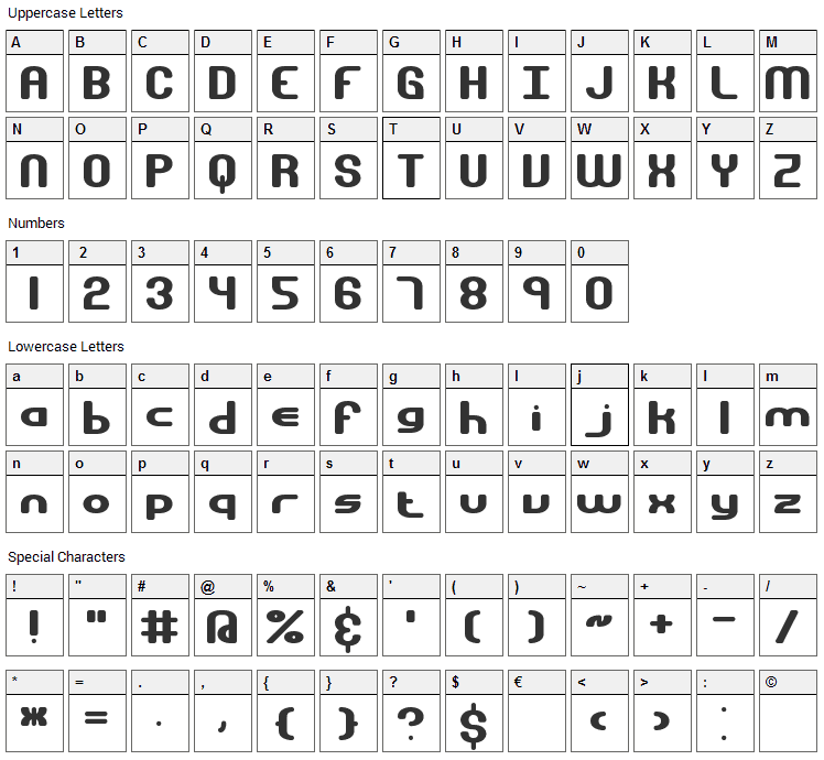 Gravitate Font Character Map