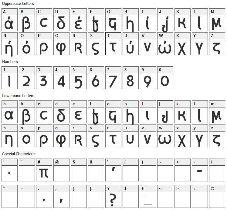 Grecian Formula Font Character Map