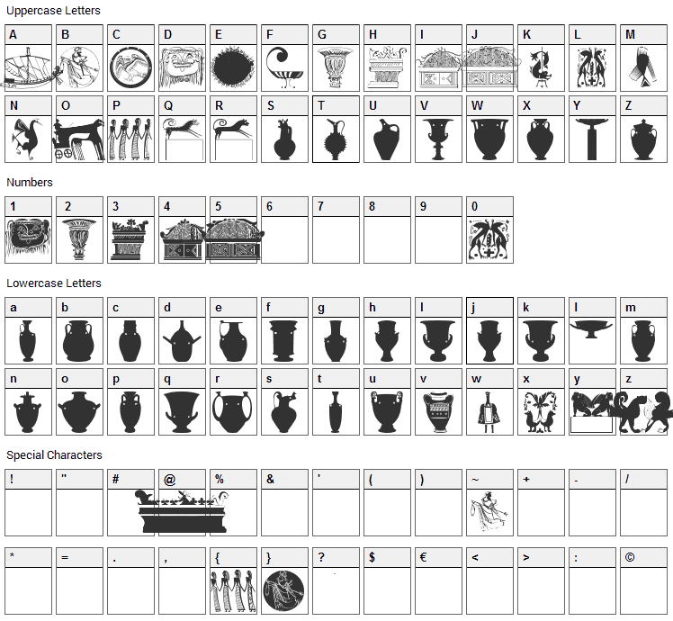 Greek Art Font Character Map