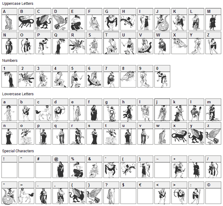 Greek Mythes Font Character Map