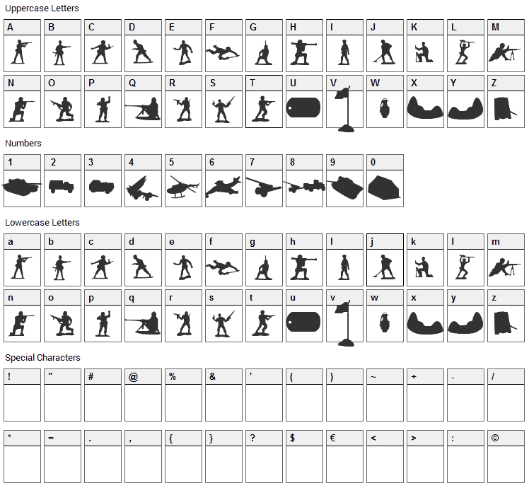 Green Army Men Font Character Map