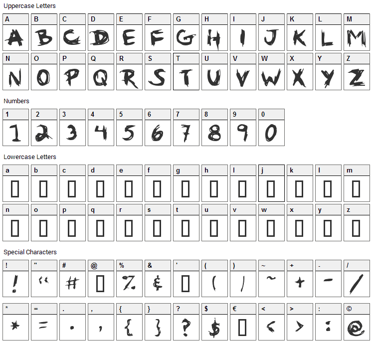 Gribouille Font Character Map