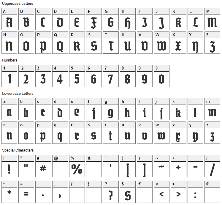 Grobe Deutschmeister Font Character Map