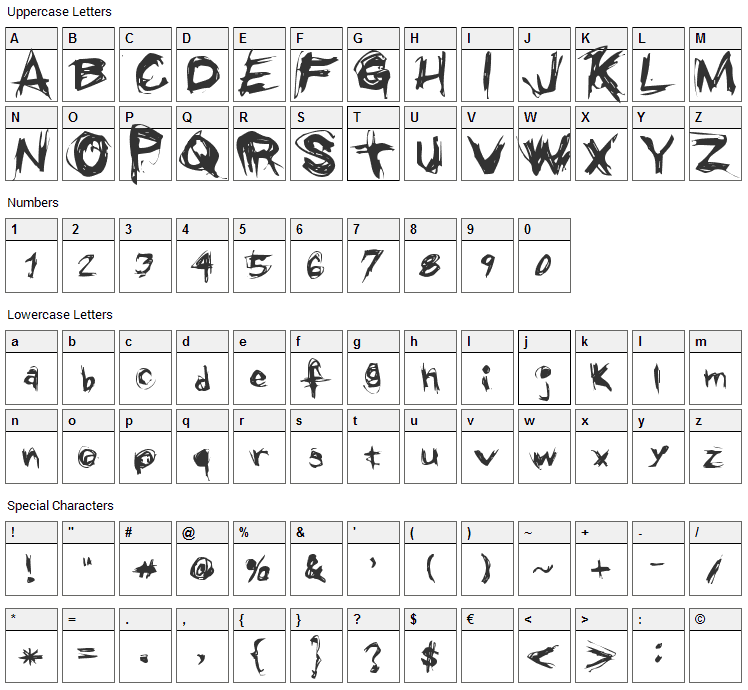 Grunge Font Character Map