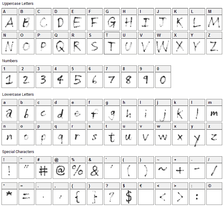 Grunge Handwriting Font Character Map
