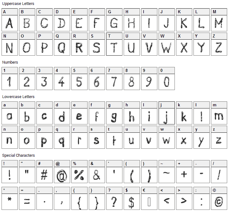 Grutch Handed Font Character Map