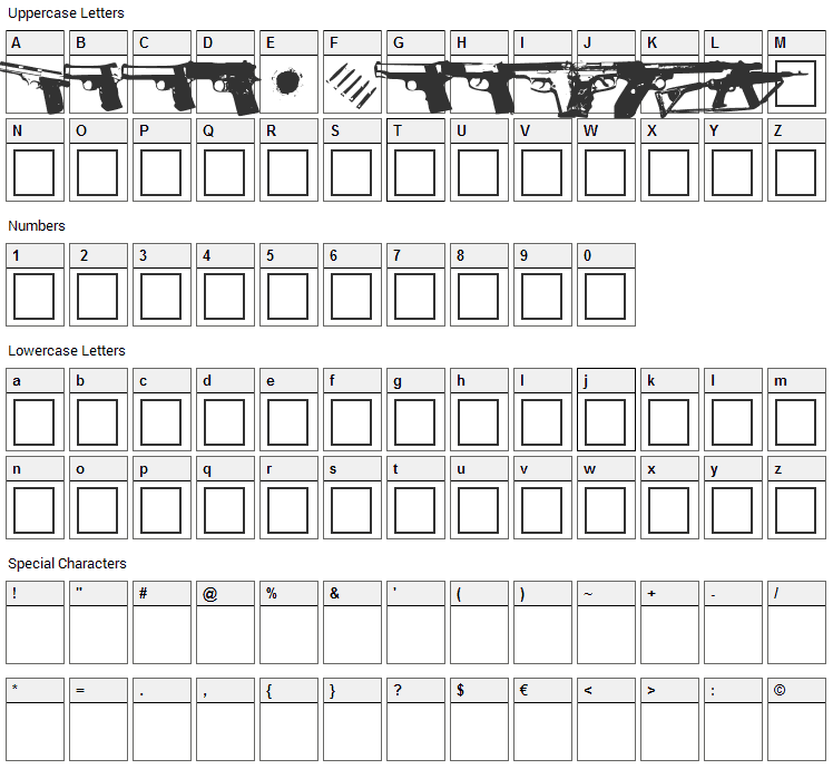 Gunbats Font Character Map